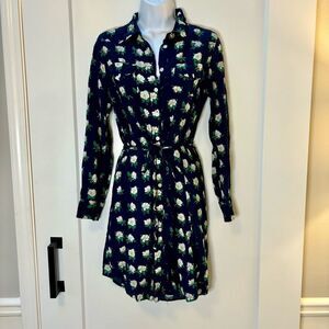 Draper James long sleeve navy floral tie button shirt dress woman’s size 6